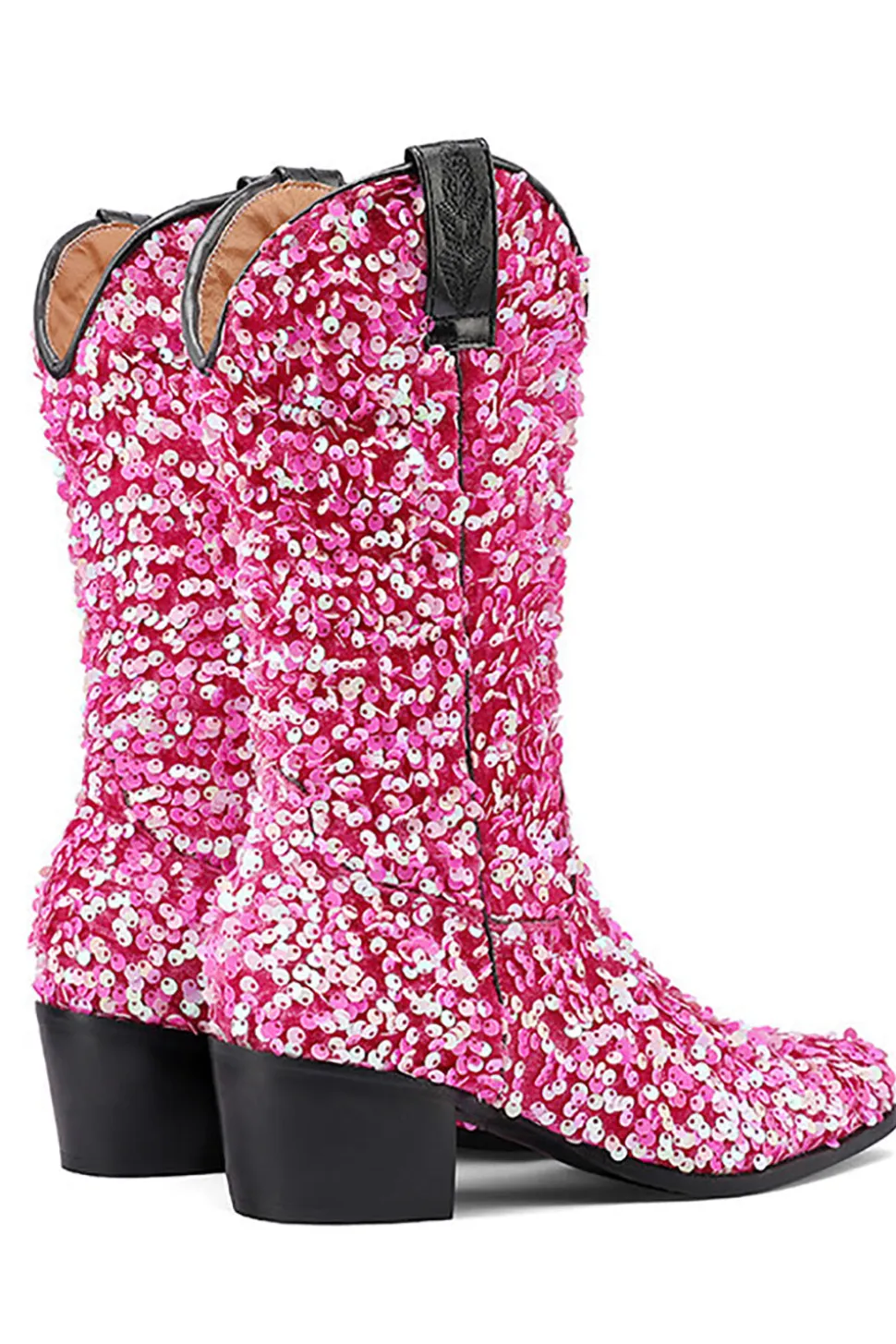 Glitter Preto Médio Calferro Sequins Snip Toe Chunky Heeled Botas