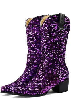 Glitter Preto Médio Calferro Sequins Snip Toe Chunky Heeled Botas