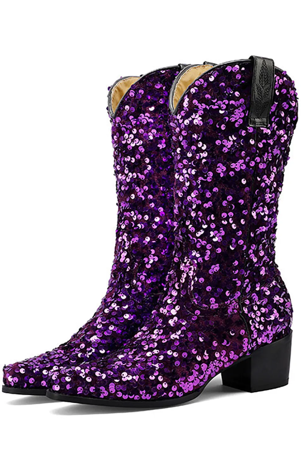 Glitter Preto Médio Calferro Sequins Snip Toe Chunky Heeled Botas