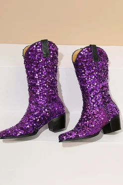 Glitter Preto Médio Calferro Sequins Snip Toe Chunky Heeled Botas