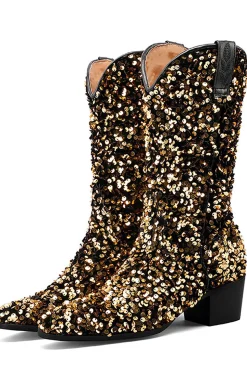 Glitter Preto Médio Calferro Sequins Snip Toe Chunky Heeled Botas