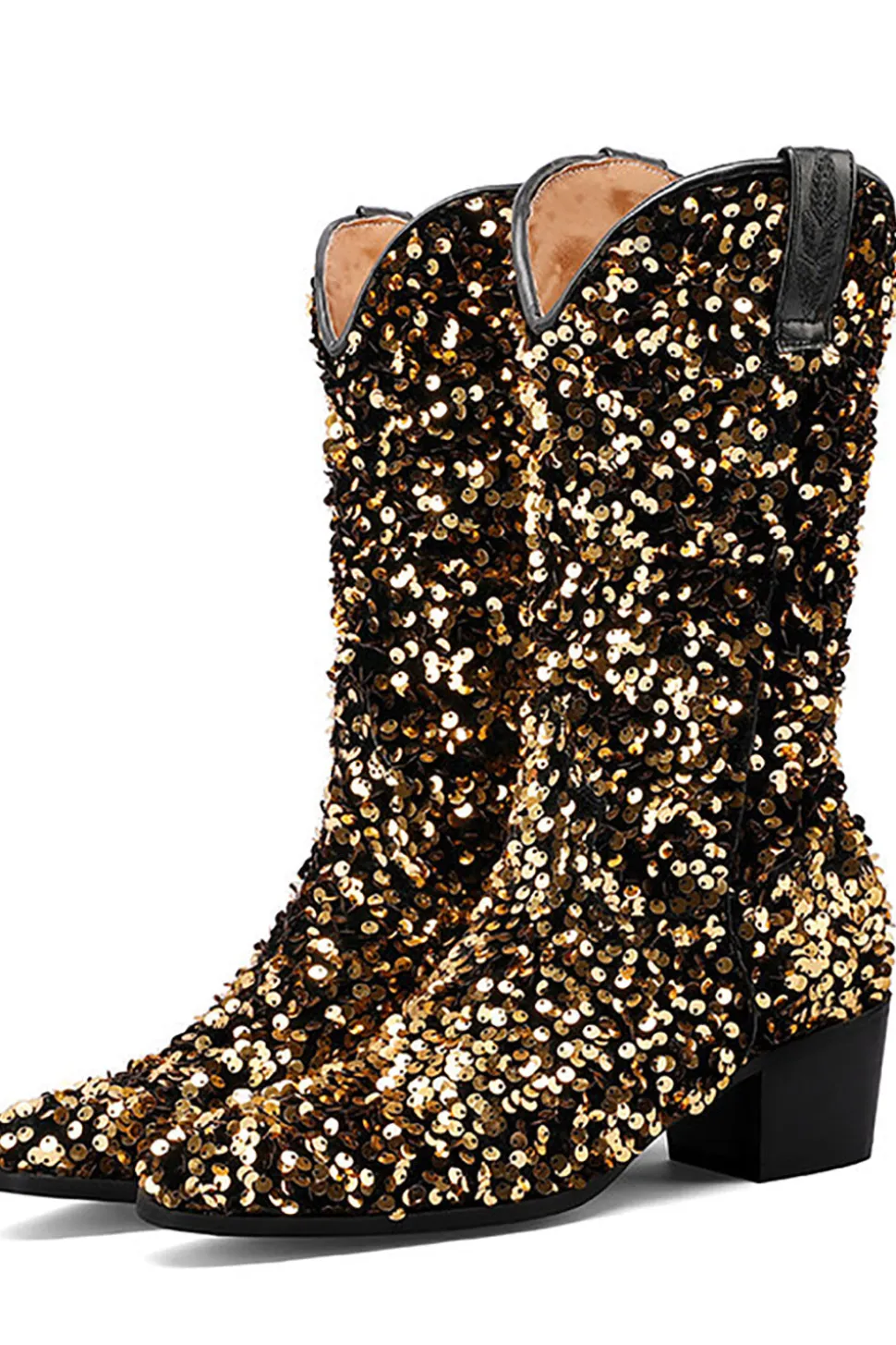 Glitter Preto Médio Calferro Sequins Snip Toe Chunky Heeled Botas