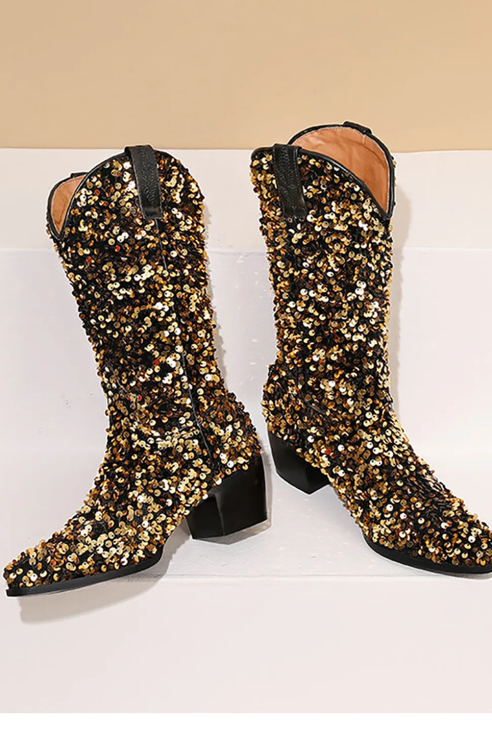 Glitter Preto Médio Calferro Sequins Snip Toe Chunky Heeled Botas