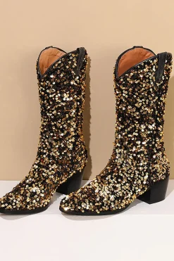 Glitter Preto Médio Calferro Sequins Snip Toe Chunky Heeled Botas