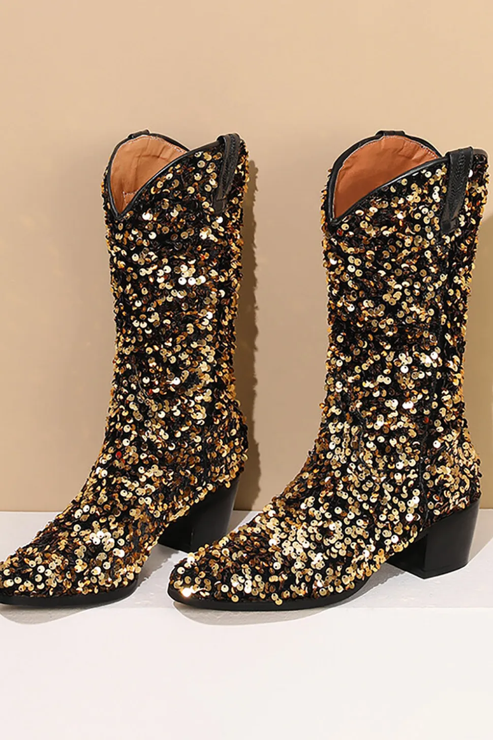 Glitter Preto Médio Calferro Sequins Snip Toe Chunky Heeled Botas