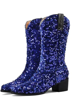 Glitter Preto Médio Calferro Sequins Snip Toe Chunky Heeled Botas