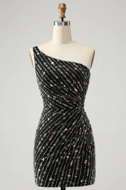 Glitter Preto Um Shouder Apertado Vestido Curto Homecoming com Missangas