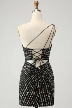 Glitter Preto Um Shouder Apertado Vestido Curto Homecoming com Missangas