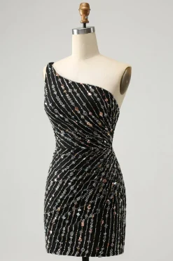 Glitter Preto Um Shouder Apertado Vestido Curto Homecoming com Missangas