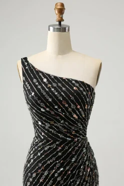 Glitter Preto Um Shouder Apertado Vestido Curto Homecoming com Missangas