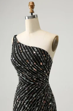 Glitter Preto Um Shouder Apertado Vestido Curto Homecoming com Missangas