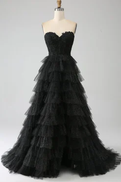 Glitter querida espartilho preto vestido de baile com fenda