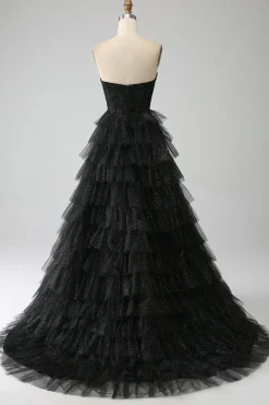 Glitter querida espartilho preto vestido de baile com fenda
