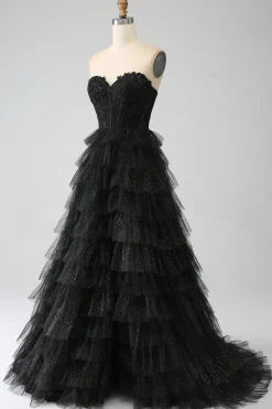 Glitter querida espartilho preto vestido de baile com fenda