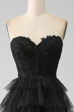 Glitter querida espartilho preto vestido de baile com fenda