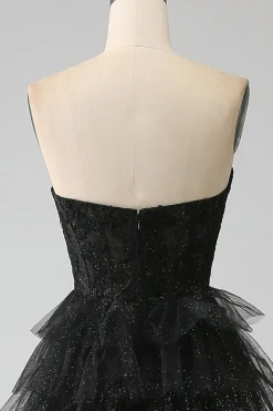 Glitter querida espartilho preto vestido de baile com fenda