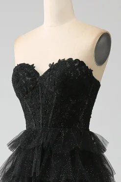 Glitter querida espartilho preto vestido de baile com fenda