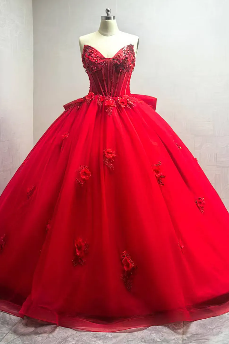 Glitter Querida Tule Appliqued Vestido Vermelho Quinceanera com trem