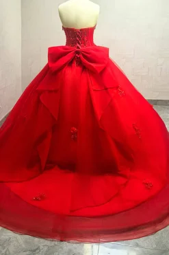 Glitter Querida Tule Appliqued Vestido Vermelho Quinceanera com trem