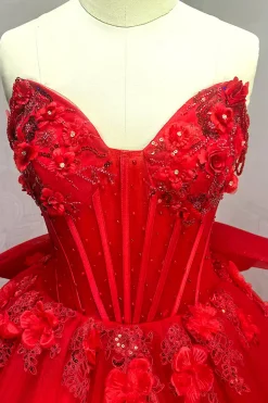 Glitter Querida Tule Appliqued Vestido Vermelho Quinceanera com trem