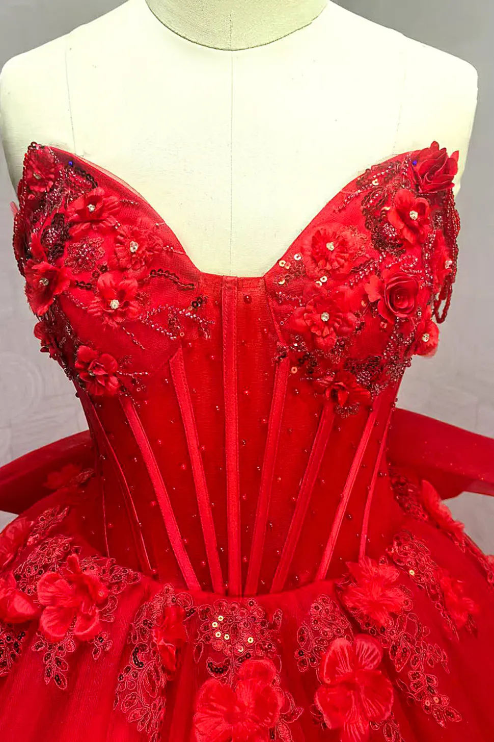 Glitter Querida Tule Appliqued Vestido Vermelho Quinceanera com trem