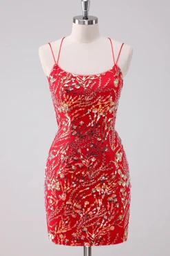 Glitter Red Spaghetti Correias Sequins Bodycon Vestido Curto Homecoming
