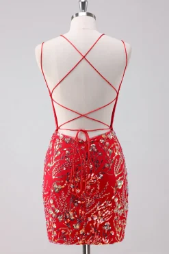 Glitter Red Spaghetti Correias Sequins Bodycon Vestido Curto Homecoming