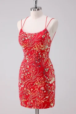 Glitter Red Spaghetti Correias Sequins Bodycon Vestido Curto Homecoming