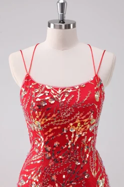 Glitter Red Spaghetti Correias Sequins Bodycon Vestido Curto Homecoming