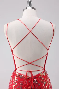 Glitter Red Spaghetti Correias Sequins Bodycon Vestido Curto Homecoming
