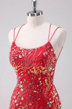 Glitter Red Spaghetti Correias Sequins Bodycon Vestido Curto Homecoming