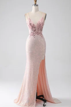 Glitter rosa frisado sereia vestido de baile com fenda