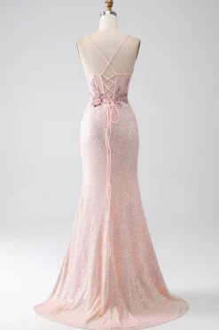 Glitter rosa frisado sereia vestido de baile com fenda