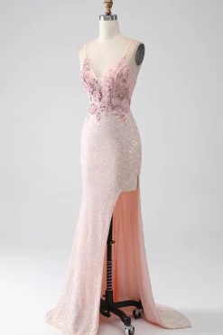 Glitter rosa frisado sereia vestido de baile com fenda