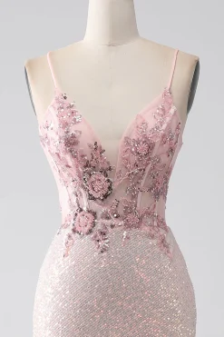 Glitter rosa frisado sereia vestido de baile com fenda
