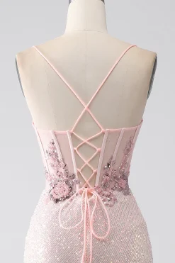 Glitter rosa frisado sereia vestido de baile com fenda