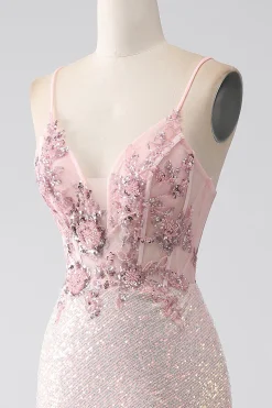 Glitter rosa frisado sereia vestido de baile com fenda