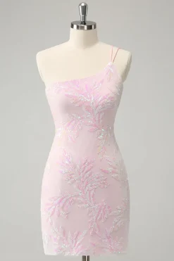 Glitter Rosa Um Ombro Apertado Homecoming Dress com Sequins