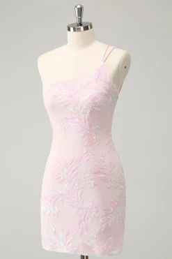 Glitter Rosa Um Ombro Apertado Homecoming Dress com Sequins