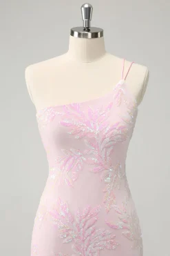 Glitter Rosa Um Ombro Apertado Homecoming Dress com Sequins