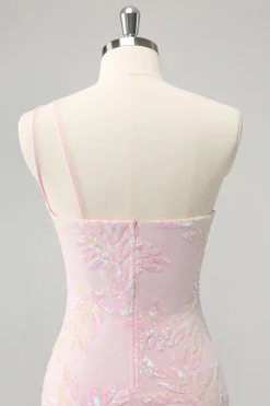 Glitter Rosa Um Ombro Apertado Homecoming Dress com Sequins