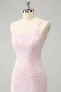 Glitter Rosa Um Ombro Apertado Homecoming Dress com Sequins