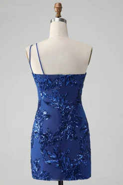 Glitter Rosa Um Ombro Apertado Homecoming Dress com Sequins