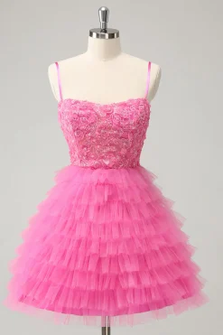 Glitter Rosa Uma Linha Esparguete Correias Tiered Flores Tule Bonito Homecoming Dress