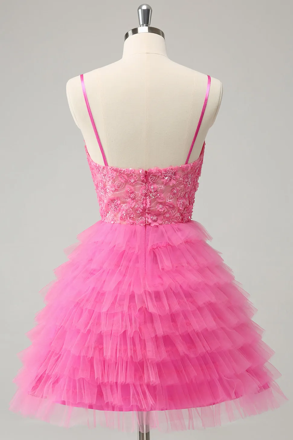 Glitter Rosa Uma Linha Esparguete Correias Tiered Flores Tule Bonito Homecoming Dress