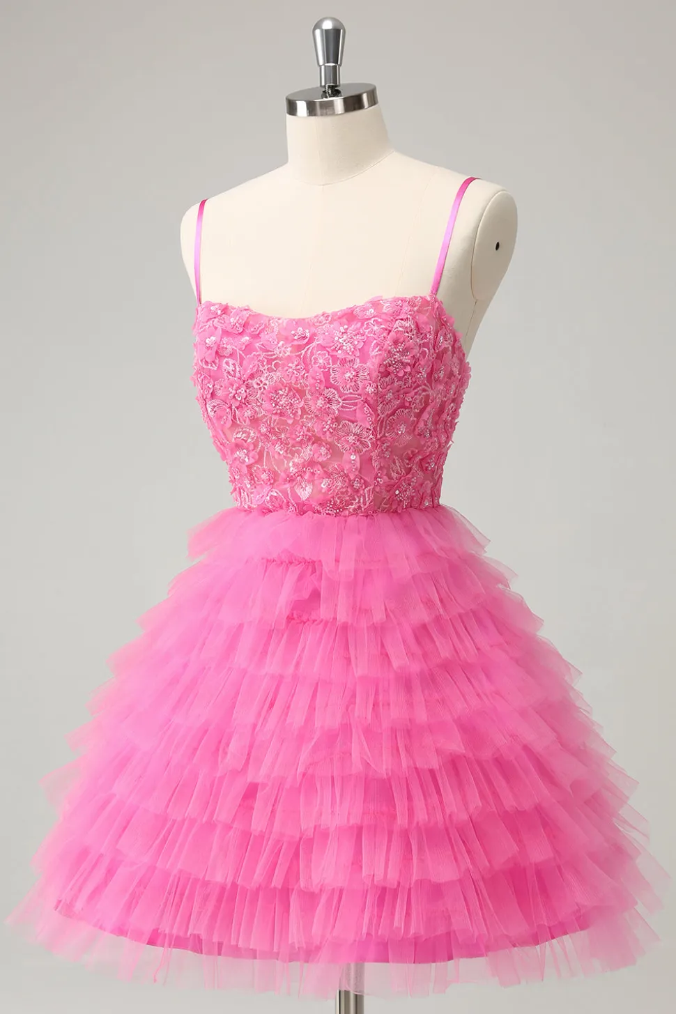 Glitter Rosa Uma Linha Esparguete Correias Tiered Flores Tule Bonito Homecoming Dress