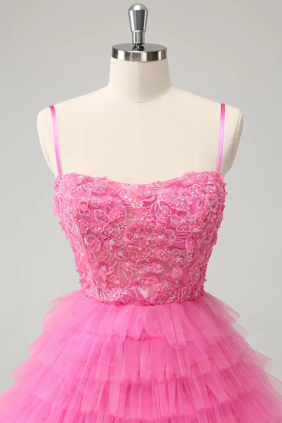Glitter Rosa Uma Linha Esparguete Correias Tiered Flores Tule Bonito Homecoming Dress