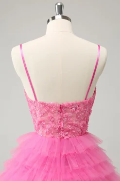 Glitter Rosa Uma Linha Esparguete Correias Tiered Flores Tule Bonito Homecoming Dress