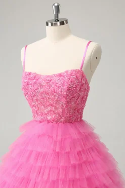 Glitter Rosa Uma Linha Esparguete Correias Tiered Flores Tule Bonito Homecoming Dress