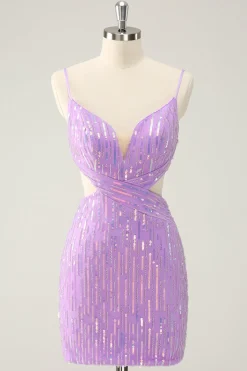 Glitter roxo apertado Sequined V pescoço curto Homecoming Dress